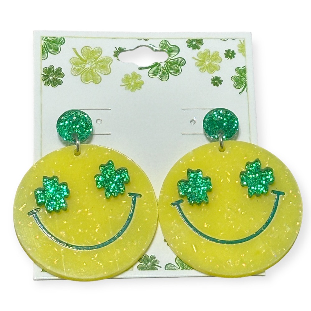 Boutique Acrylic Yellow Smiley Faces with Green Clovers Earrings NWT